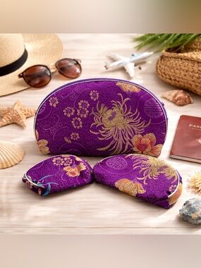 Purple Brocade 3pc Cosmetic Bag Set Zip Makeup Pouches Travel Organizer Floral